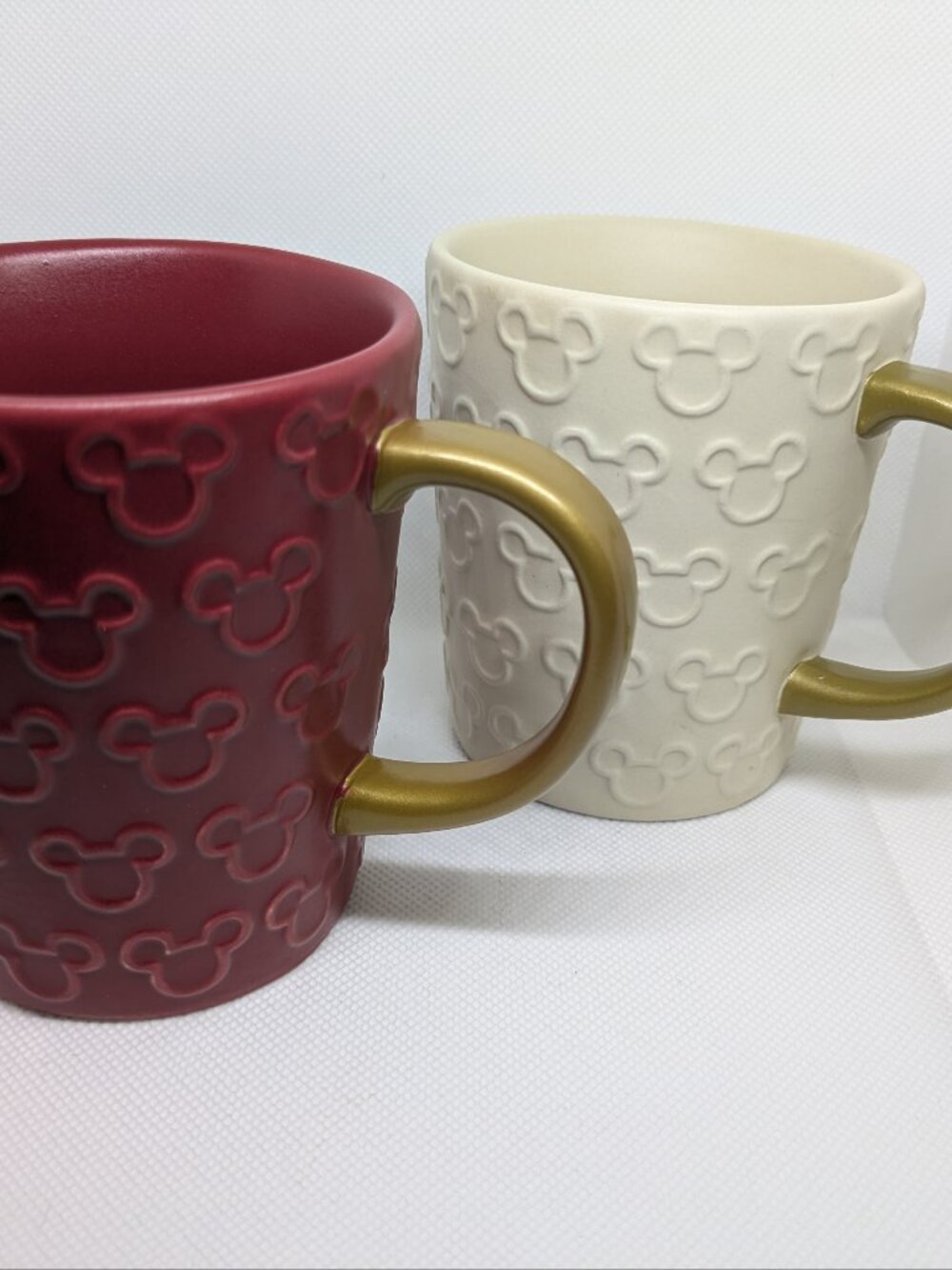 Disney Parks Mickey Mouse Embossed Icon Mug Set - Maroon Red & Cream Ivory Gold